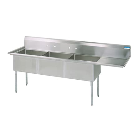 Bk Resources Three Compartment Sink 24 in x 24 in, 3, 2, Free Standing, Stainless Steel BKS-3-24-14-24R